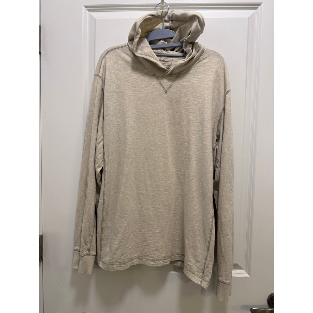 Eddie Bauer Mens Large Beige Hooded Long Sleeve Shirt Pullover Outdoor Slub Knit